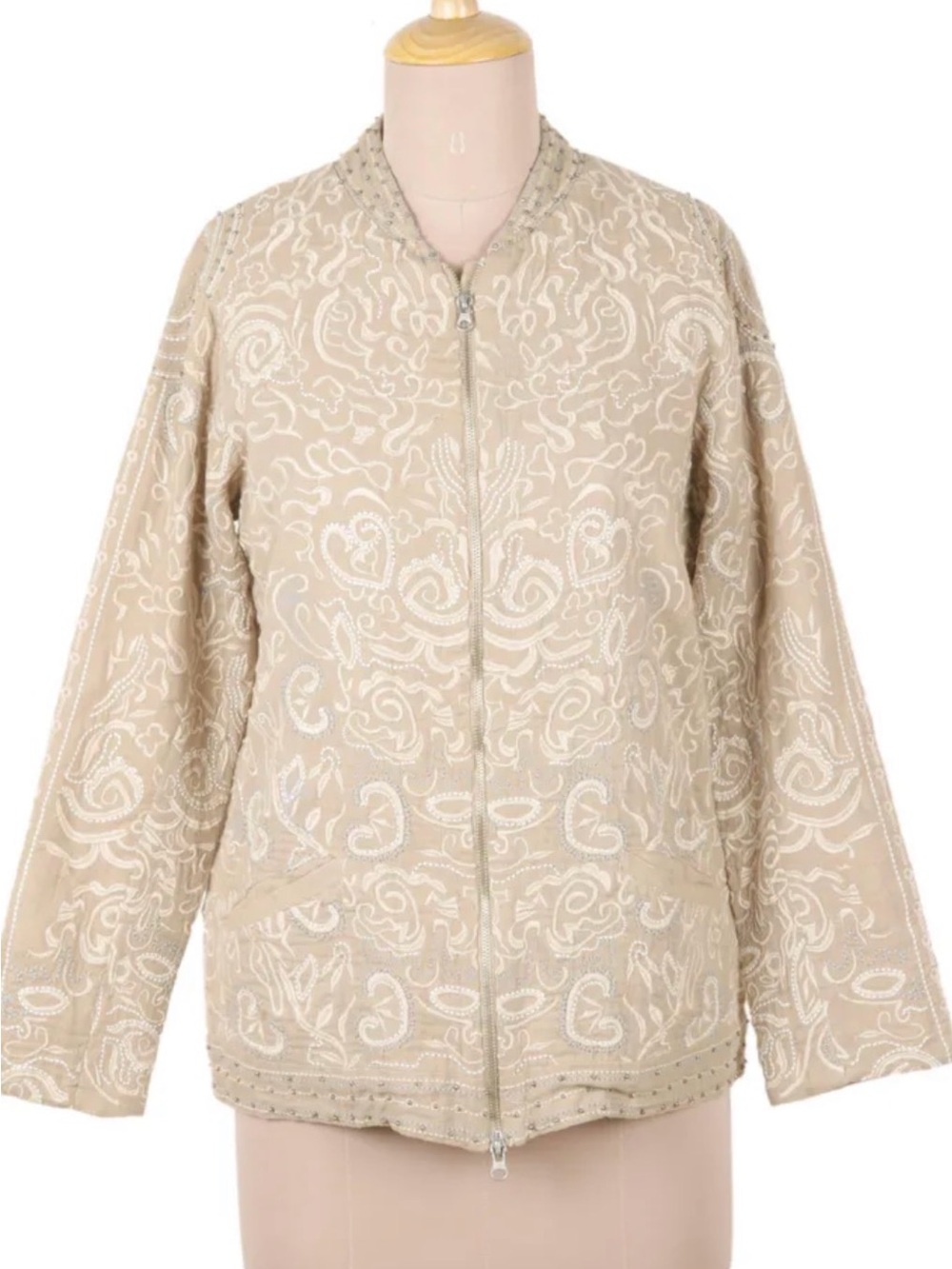 NOVICA Embroidered Beige Cream Boho Cotton Bomber Jacket Size XXL Hippie Indie
